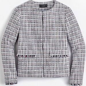 J. Crew Colorful Plaid Checked Fringed Tweed Suit Coat in Red, White & Blue Sz 0